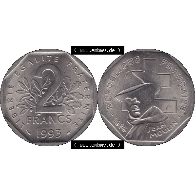 Münzen Frankreich Umlaufmünze 1993-1993, 2 Francs Jean Moulin 1993-01. Vorderseite und Rückseite horizontal auf einen digitalen Bild der alten französischen Umlaufmünze... Sammlung
