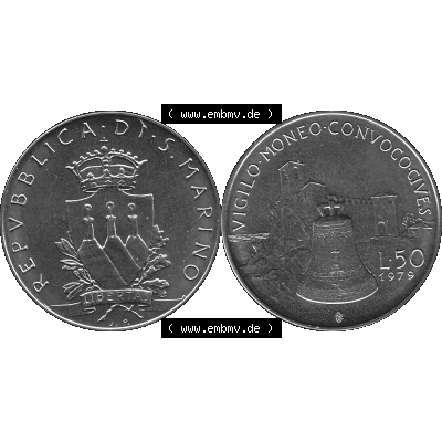 Bildmaterial Münzensatz / KMS 1979 aus San Marino in Graustufen 1979-1979, 50 Lire, J.P. LIBERTAS REPVBBLICA DI S. MARINO, L.50 VIGILO MONEO CONVOCO... Sammlung