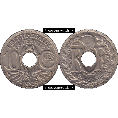 Münzen Frankreich Umlaufmünze in PNG einer Münze aus Frankreich 1938-1939, 10 Centimes, Cent 1939-01. Vorderseite und Rückseite horizontal auf einen digitalen Bild... Sammlung