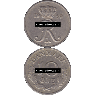 Alte Münze aus Dänemark als PNG-Grafik 1960-1972, 10 Öre 1969-01. Vorderseite und Rückseite vertikal auf einen digitalen Bild der alten dänischen Umlaufmünze... Sammlung