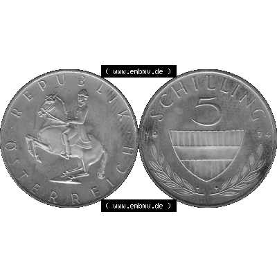 Alte Münze aus KMS Österreich, Kursmünzensatz 1974 in PP 1968-2001, 5 Schilling 1974-01. Vorderseite und Rückseite vertikal auf einen digitalen Graustufen Bild der... Sammlung