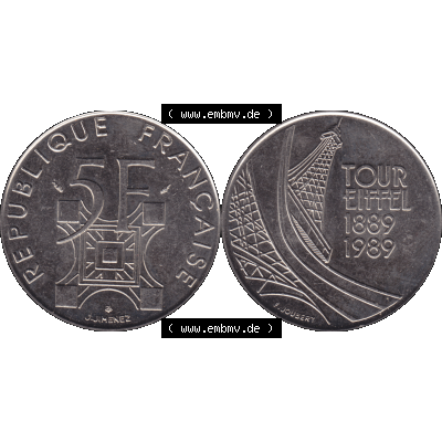 Münzen Frankreich Umlaufmünze 1989-1989, 5 Francs Franken Eiffelturm 1989-01. Vorderseite und Rückseite horizontal auf einen digitalen Bild der alten französischen Umlaufmünze... Sammlung