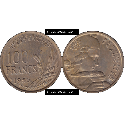 Münzen Frankreich Umlaufmünze 1954-1958, 100 Francs, Franken Typ II 1955-01. Vorderseite und Rückseite horizontal auf einen digitalen Bild der alten französischen... Sammlung
