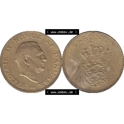 Alte Münze aus Dänemark als PNG-Grafik 1947-1960, 1 Krone 1957-01 Kursmünze. Vorderseite und Rückseite horizontal auf einen digitalen Bild der alten dänischen Umlaufmünze... Sammlung
