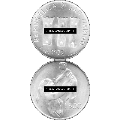 Bildmaterial Münzensatz / KMS 1972 aus San Marino in Graustufen 1972-1972, 500 Lire 1972 L. 500 REPUBBLICA DI SAN MARINO, Silbermünze Graustufen. PNG Computer-Grafik... Sammlung