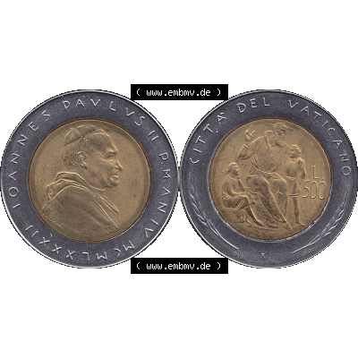 Alte Münze aus der Vatikanstadt / Vatikan als PNG-Grafik Münze Vatikanstadt 1982-1982, 500 Lire IOANNES PAVLVS II P M 1982-01. Vorderseite und Rückseite horizontal auf einen... Sammlung