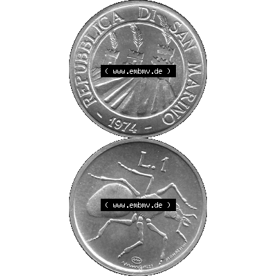 Bildmaterial Münzensatz / KMS 1974 aus San Marino in Graustufen 1974-1974, 1 Lire, 1 Lira, L.1 MINGUZZI MONASSI INC. Graustufen. PNG Computer-Grafik in Graustufen-PNG... Sammlung