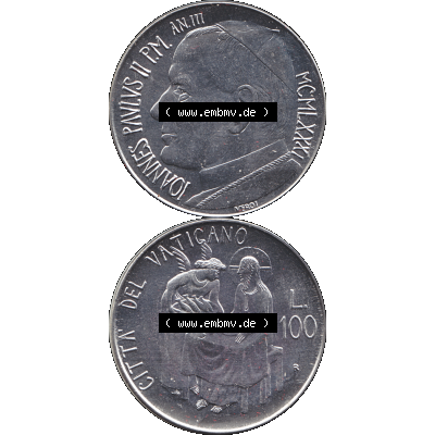 Alte Münze aus der Vatikanstadt / Vatikan als PNG-Grafik 1981-1981, 100 Lire Papst Johannes Paul II 1981-01. Vorderseite und Rückseite vertikal auf einen digitalen Bild der alten... Sammlung