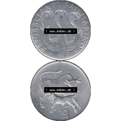 Bildmaterial in PNG-Grafiken Münzensatz / KMS 1972 aus San Marino 1972-1972, Münze 10 Lire 1972, MONASSI REPUBBLICA DI SAN MARINO, 10 LIRE. Die digitalisierte Münze... Sammlung