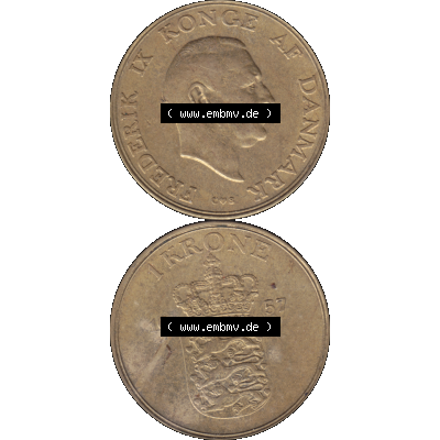 Alte Münze aus Dänemark als PNG-Grafik 1947-1960, 1 Krone 1957-01 Kursmünze. Vorderseite und Rückseite vertikal auf einen digitalen Bild der alten dänischen Umlaufmünze... Sammlung