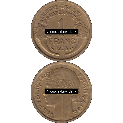 Münzen Frankreich Umlaufmünze in PNG einer Münze aus Frankreich 1931-1941, 1 Francs, Franken 1938-01. Vorderseite und Rückseite vertikal auf einen digitalen Bild... Sammlung