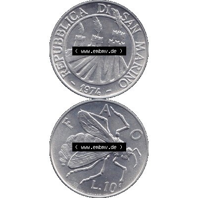 Bildmaterial Münzensatz / KMS 1974 aus San Marino Münze 1974-1974 als transparente PNG-Grafik, 10 Lire, L.10 MINGUZZI MONASSI INC.. Die digitalisierte Münze... Sammlung