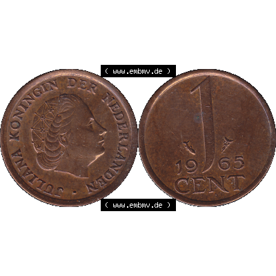 Alte Münze der Niederlande 1951-1975, in PNG digitalisiert 1950-1980, 1 Cent Königin Juliana 1965-01. Vorderseite und Rückseite horizontal auf einen digitalen Bild der... Sammlung