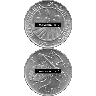 Bildmaterial Münzensatz / KMS 1974 aus San Marino in Graustufen 1974-1974, 10 Lire, L.10 MINGUZZI MONASSI INC. Graustufen. PNG Computer-Grafik in Graustufen-PNG... Sammlung