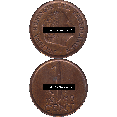 Alte Münze der Niederlande 1951-1975, in PNG digitalisiert 1950-1980, 1 Cent Königin Juliana 1965-01. Vorderseite und Rückseite vertikal auf einen digitalen Bild der alten... Sammlung