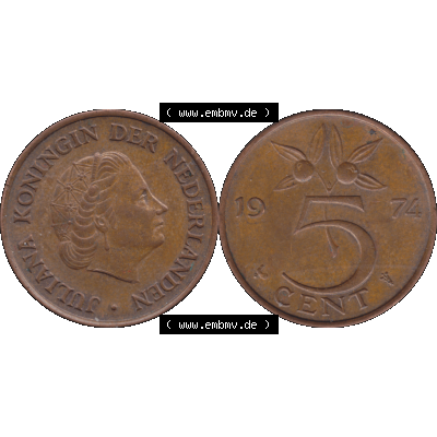 Alte Münze der Niederlande 1951-1975, in PNG digitalisiert 1950-1980, 5 Cent Königin Juliana 1974-01. Vorderseite und Rückseite horizontal auf einen digitalen Bild der... Sammlung