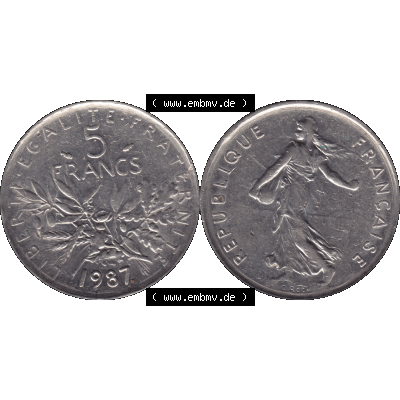 Münzen Frankreich Umlaufmünze 1970-2001, 5 Francs Liberte Egalite Fraternite 1987-01. Vorderseite und Rückseite horizontal auf einen digitalen Bild der alten französischen... Sammlung