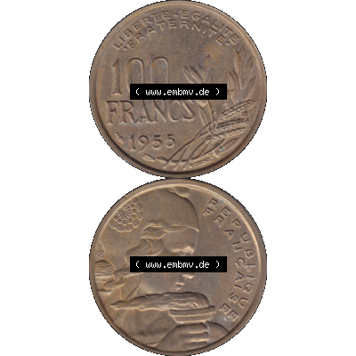 Münzen Frankreich Umlaufmünze 1954-1958, 100 Francs, Franken Typ II 1955-01. Vorderseite und Rückseite vertikal auf einen digitalen Bild der alten französischen Umlaufmünze... Sammlung