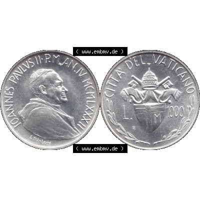 Alte Münze aus der Vatikanstadt / Vatikan als PNG-Grafik Münze Vatikanstadt 1982-1982, 1000 Lire Silbermünze 1982-01 4. Jahr Papst Johannes Paul II. Vorderseite und... Sammlung