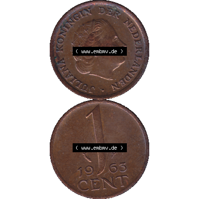 Alte Münze der Niederlande 1951-1975, in PNG digitalisiert 1950-1980, 1 Cent Königin Juliana 1963-01. Vorderseite und Rückseite vertikal auf einen digitalen Bild der alten... Sammlung