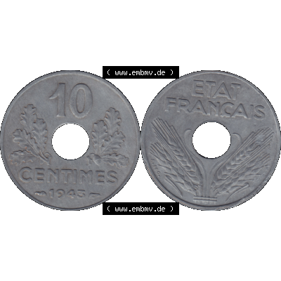 Münzen Frankreich Umlaufmünze in PNG einer Münze aus Frankreich 1941-1943, 10 Centimes, Etat Francais 1943-01. Vorderseite und Rückseite horizontal auf einen digitalen... Sammlung