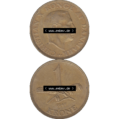 Alte Münze aus Dänemark als PNG-Grafik 1942-1947, 1 Krone 1947-01 Kursmünze. Vorderseite und Rückseite vertikal auf einen digitalen Bild der alten dänischen Umlaufmünze... Sammlung