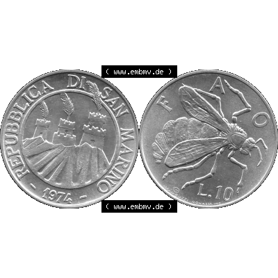 Bildmaterial Münzensatz / KMS 1974 aus San Marino in Graustufen 1974-1974, 10 Lire, L.10 MINGUZZI MONASSI INC. Graustufen. PNG Computer-Grafik in Graustufen einer... Sammlung