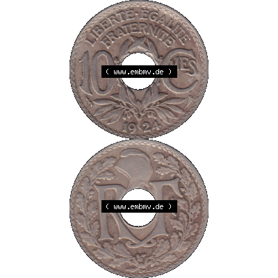Münzen Frankreich Umlaufmünze in PNG einer Münze aus Frankreich 1917-1938, 10 Centimes, Cent 1924-01. Vorderseite und Rückseite vertikal auf einen digitalen Bild... Sammlung