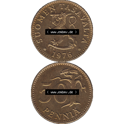 Alte Münzen KMS Finnland, Kursmünzensatz 1976 in Stempelglanz als digitales Computerbild in transparenten PNG 1963-1990, 50 Penny Penniä 1976-1, SUOMEN TASAVALTA.... Sammlung