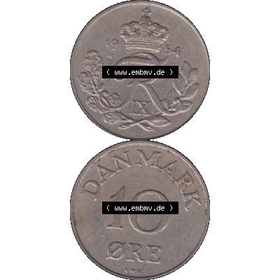 Alte Münze aus Dänemark als PNG-Grafik 1948-1960, 10 Öre 1954-01. Vorderseite und Rückseite vertikal auf einen digitalen Bild der alten dänischen Umlaufmünze... Sammlung