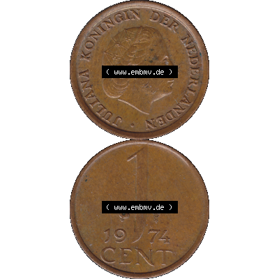 Alte Münze der Niederlande 1951-1975, in PNG digitalisiert 1950-1980, 1 Cent Königin Juliana 1974-01. Vorderseite und Rückseite vertikal auf einen digitalen Bild der alten... Sammlung