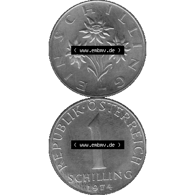 Alte Münze aus KMS Österreich, Kursmünzensatz 1974 in PP 1959-2001, 1 Schilling 1974-01. Vorderseite und Rückseite in Graustufen vertikal auf einen digitalen Bild... Sammlung