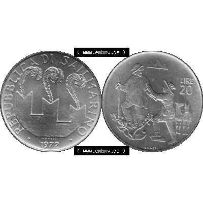 Bildmaterial Münzensatz / KMS 1972 aus San Marino in Graustufen 1972-1972, 20 Lire, 1972, MONASSI REPUBBLICA DI SAN MARINO Graustufen. PNG Computer-Grafik in Graustufen... Sammlung