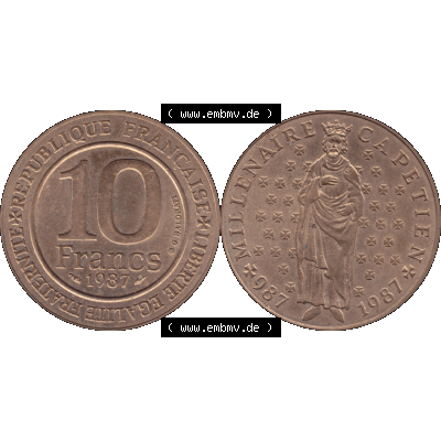 Münzen Frankreich Umlaufmünze 1987-1987, 10 Francs 1000 Jahre König Hugo Capet erster König von Frankreich 1987-01. Vorderseite und Rückseite horizontal auf einen... Sammlung