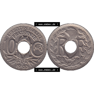Münzen Frankreich Umlaufmünze in PNG einer Münze aus Frankreich 1917-1938, 10 Centimes, Cent 1933-01. Vorderseite und Rückseite horizontal auf einen digitalen Bild... Sammlung