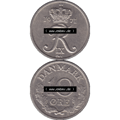 Alte Münze aus Dänemark als PNG-Grafik 1960-1972, 10 Öre 1971-01. Vorderseite und Rückseite vertikal auf einen digitalen Bild der alten dänischen Umlaufmünze... Sammlung