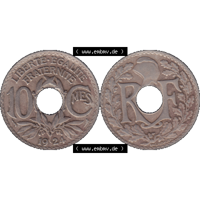 Münzen Frankreich Umlaufmünze in PNG einer Münze aus Frankreich 1917-1938, 10 Centimes, Cent 1924-01. Vorderseite und Rückseite horizontal auf einen digitalen Bild... Sammlung