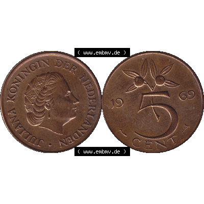 Alte Münze der Niederlande 1951-1975, in PNG digitalisiert 1950-1980, 5 Cent Königin Juliana 1969-01. Vorderseite und Rückseite horizontal auf einen digitalen Bild der... Sammlung
