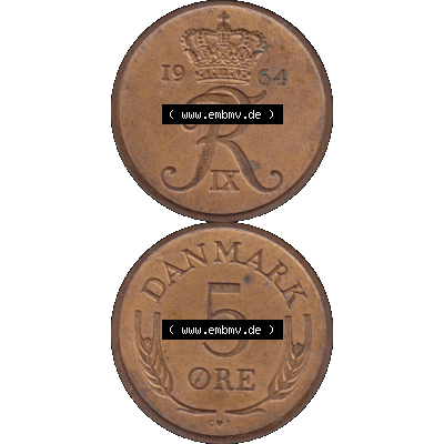 Alte Münze aus Dänemark als PNG-Grafik 1960-1972, 5 Öre 1964-01. Vorderseite und Rückseite vertikal auf einen digitalen Bild der alten dänischen Umlaufmünze aus... Sammlung