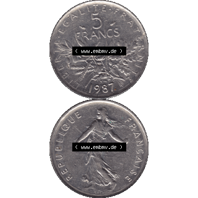 Münzen Frankreich Umlaufmünze 1970-2001, 5 Francs Liberte Egalite Fraternite 1987-01. Vorderseite und Rückseite vertikal auf einen digitalen Bild der alten französischen... Sammlung