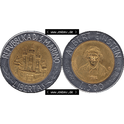 Gedenkmünzen aus San Marino, in PNG 1984-1984, 500 Lire Albert Einstein 1984-01. Vorderseite und Rückseite horizontal auf einen digitalen Bild der alten Gedenkmünze aus... Sammlung