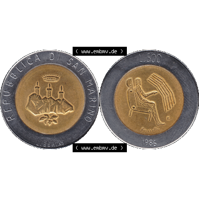 Gedenkmünzen aus San Marino, in PNG 1986-1986, 500 Lire Revolution der Technologie 1986-01. Vorderseite und Rückseite horizontal auf einen digitalen Bild der alten Gedenkmünze... Sammlung