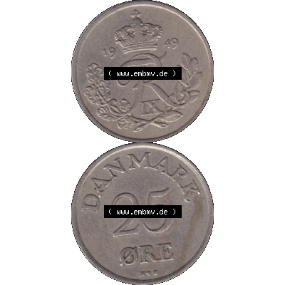 Alte Münze aus Dänemark als PNG-Grafik 1948-1955, 25 Öre 1949-01 Kursmünze. Vorderseite und Rückseite vertikal auf einen digitalen Bild der alten dänischen Umlaufmünze... Sammlung