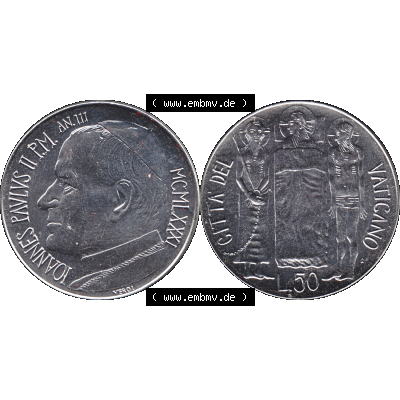 Alte Münze aus der Vatikanstadt / Vatikan als PNG-Grafik 1981-1981, 50 Lire Papst Johannes Paul II 1981-01. Vorderseite und Rückseite horizontal auf einen digitalen Bild der... Sammlung