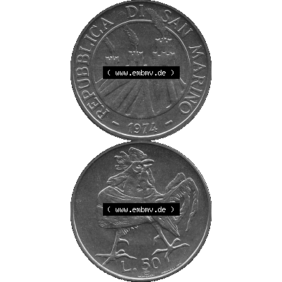 Bildmaterial Münzensatz / KMS 1974 aus San Marino in Graustufen 1974-1974, 50 Lire, L.50 MINGUZZI MONASSI INC. Graustufen. PNG Computer-Grafik in Graustufen-PNG... Sammlung