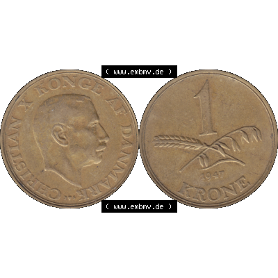 Alte Münze aus Dänemark als PNG-Grafik 1942-1947, 1 Krone 1947-01 Kursmünze. Vorderseite und Rückseite horizontal auf einen digitalen Bild der alten dänischen Umlaufmünze... Sammlung