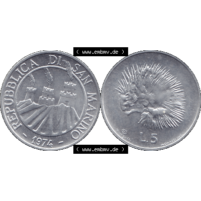 Bildmaterial Münzensatz / KMS 1974 aus San Marino Münze 1974-1974 als transparente PNG-Grafik, 5 Lire, L.5 MINGUZZI MONASSI INC.. Die digitalisierte Münze... Sammlung