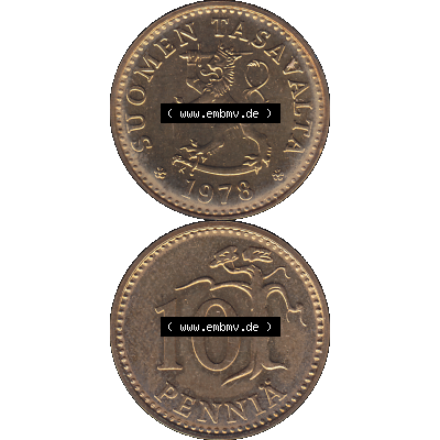 Alte Münzen KMS Finnland, Kursmünzensatz 1978 in Stempelglanz als digitales Computerbild einer finnischen digitalisierten Münze in transparenten PNG 1963-1982, 10 Penny,... Sammlung