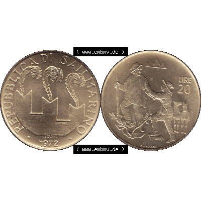 Bildmaterial in PNG-Grafiken Münzensatz / KMS 1972 aus San Marino 1972-1972, Münze 20 Lire, 1972, MONASSI REPUBBLICA DI SAN MARINO. Die digitalisierte Münze... Sammlung