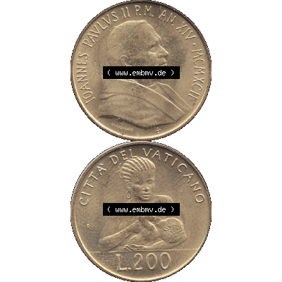 Alte Münze aus der Vatikanstadt / Vatikan als PNG-Grafik 1992-1992, 200 Lire Papst Giovanni Paolo II. 1992-01. Vorderseite und Rückseite vertikal auf einen digitalen Bild... Sammlung